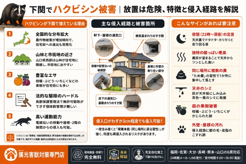 下関でハクビシン被害│放置は危険、特徴と侵入経路を解説