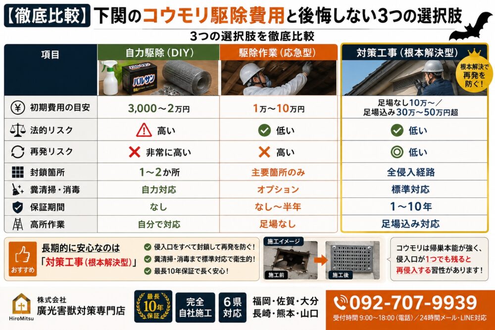 【徹底比較】下関のコウモリ駆除費用と後悔しない3つの選択肢