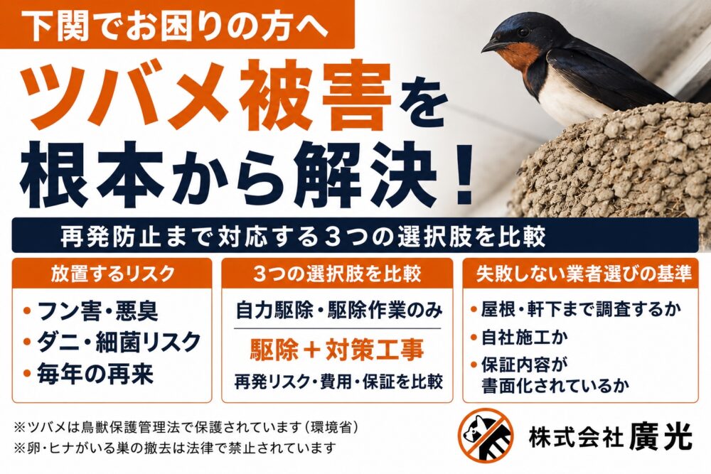 下関のツバメ駆除業者｜費用相場と違法リスク・再発防止策を完全解説