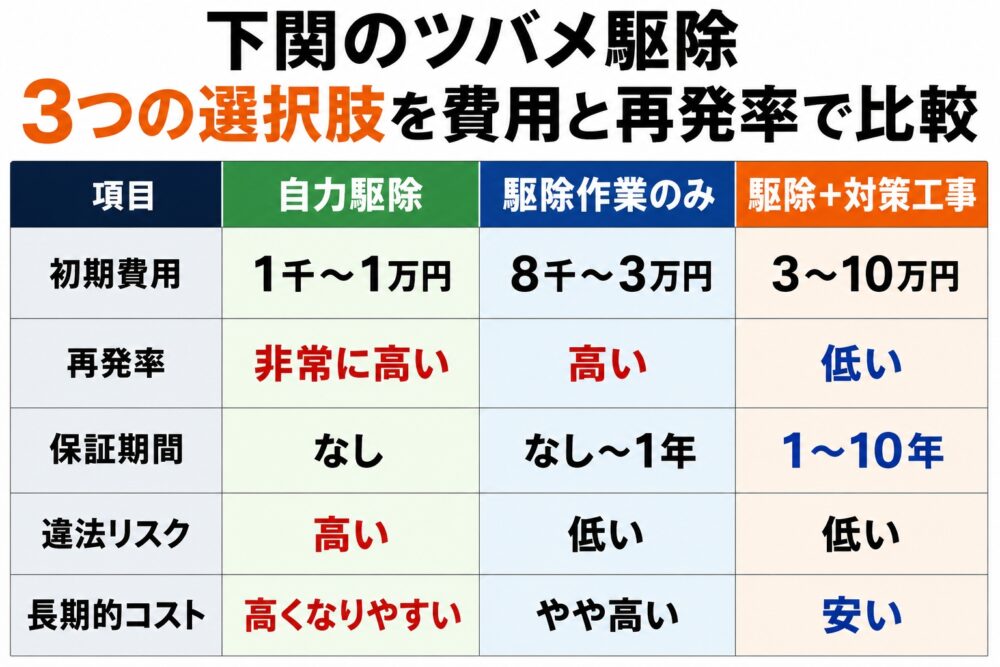 下関のツバメ駆除｜3つの選択肢を費用と再発率で比較