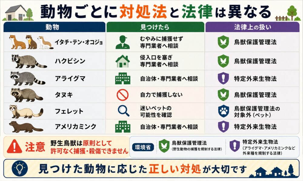 動物の種類別|屋根裏・庭での対処法と法的注意点