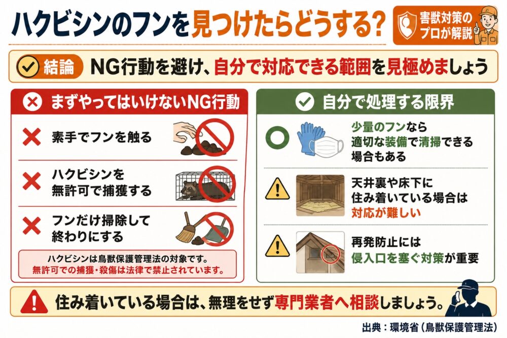 ハクビシンのフンを見つけたらどうする？NG行動と限界