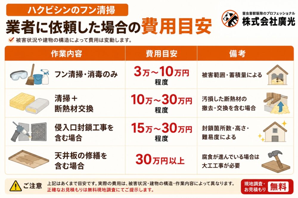 ハクビシンのフン清掃｜業者に依頼した場合の費用目安