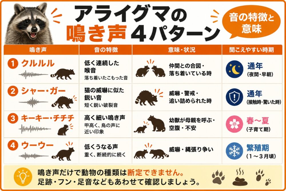 アライグマの鳴き声4パターン|音の特徴と意味を解説
