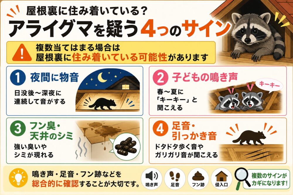 アライグマが屋根裏に住み着いているか確認する4つのサイン