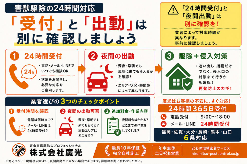 害獣駆除は24時間対応できる？夜間・土日の受付体制と業者の選び方