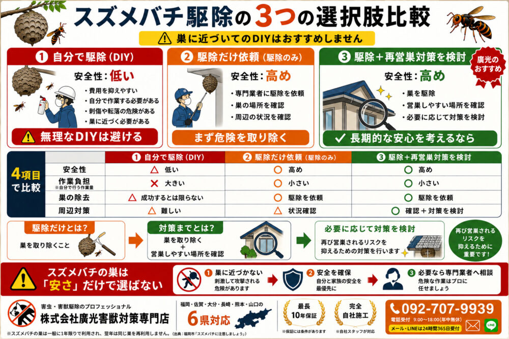 スズメバチ駆除の3つの選択肢比較