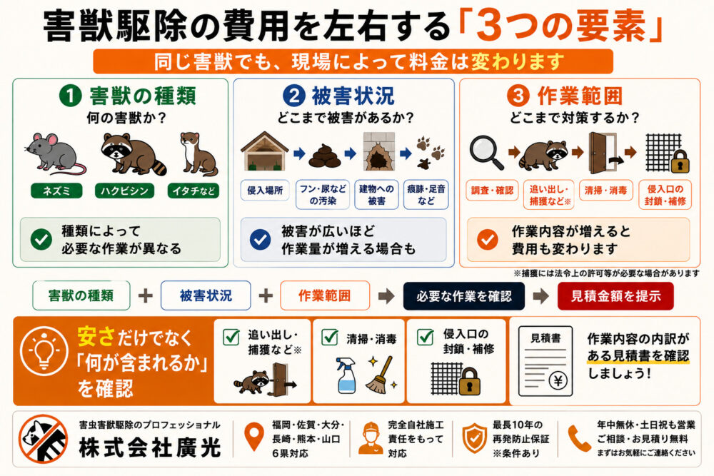 害獣駆除の費用目安｜料金が変わる3つの要素