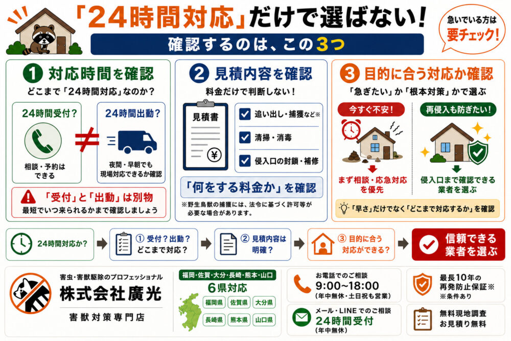 すぐ対応してくれる害獣駆除業者の選び方3つ
