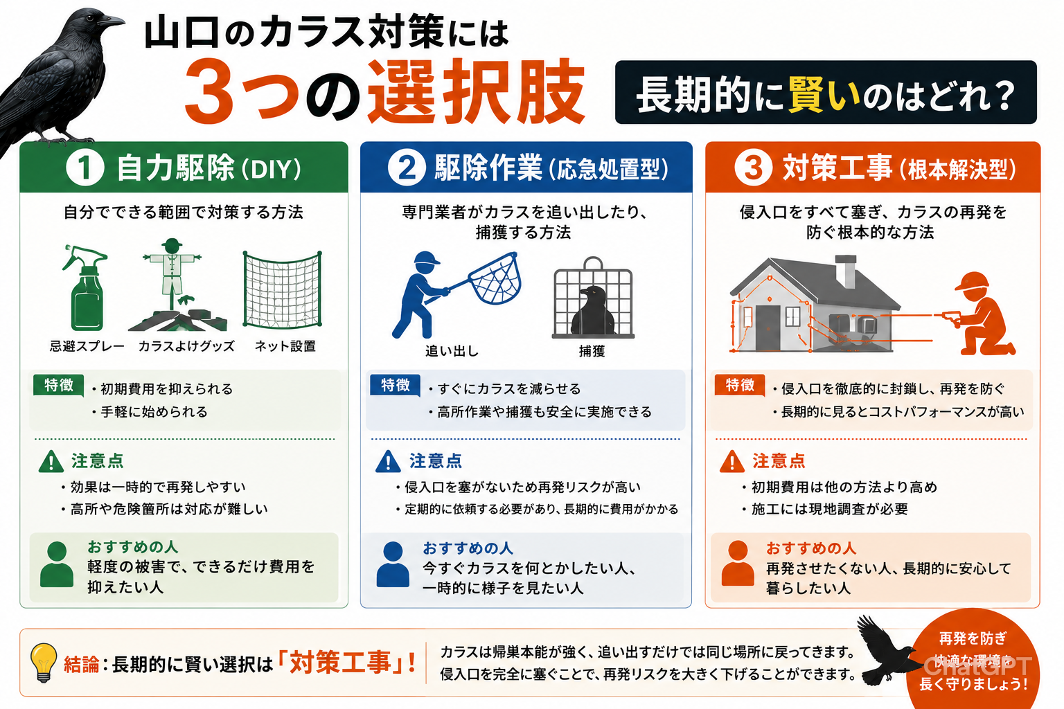 山口のカラス対策には3つの選択肢