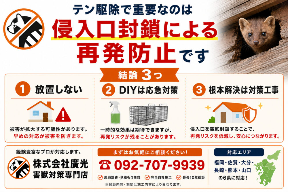 まとめ|テン駆除は早めの専門業者依頼が最適