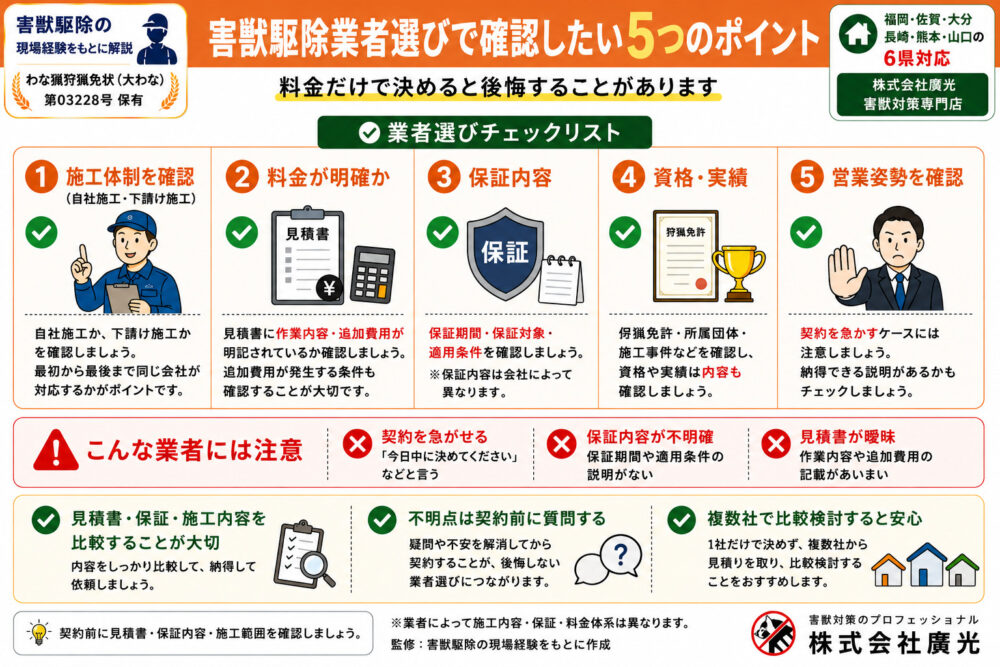 害獣駆除業者の選び方|失敗しない5つのポイント