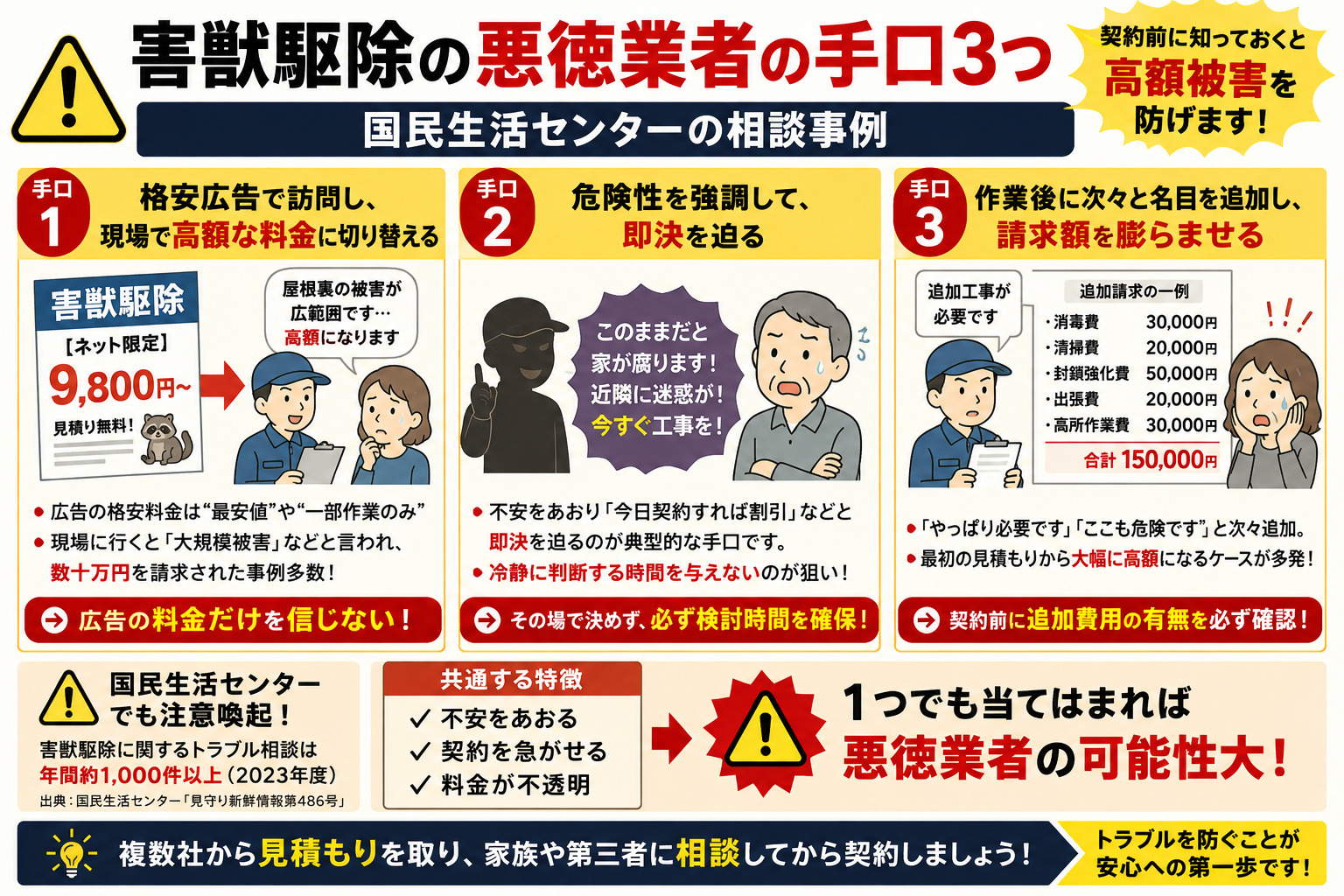 害獣駆除の悪徳業者の手口3つ｜国民生活センターの相談事例