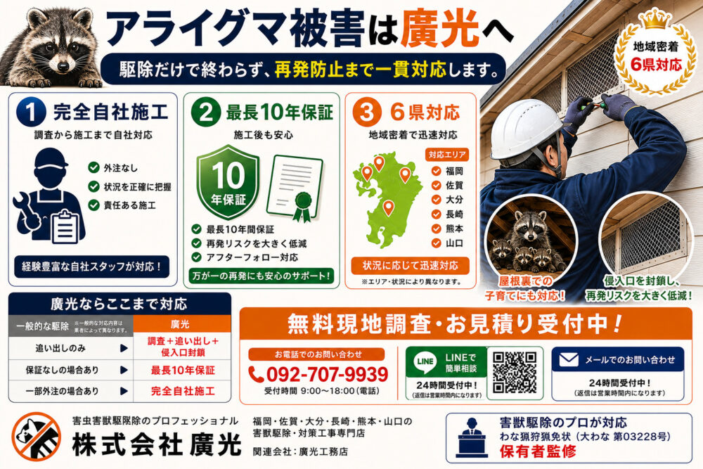 アライグマ被害は廣光へ|選ばれる3つの理由