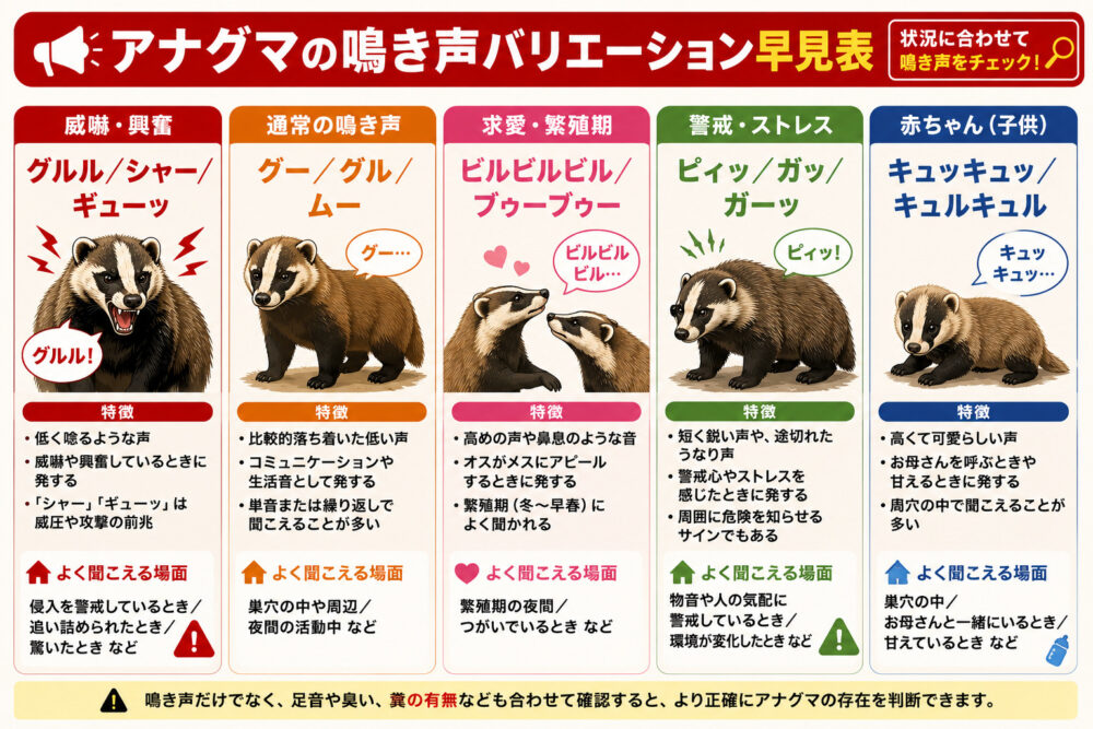 アナグマの鳴き声は「グルル」｜状況別の早見表
