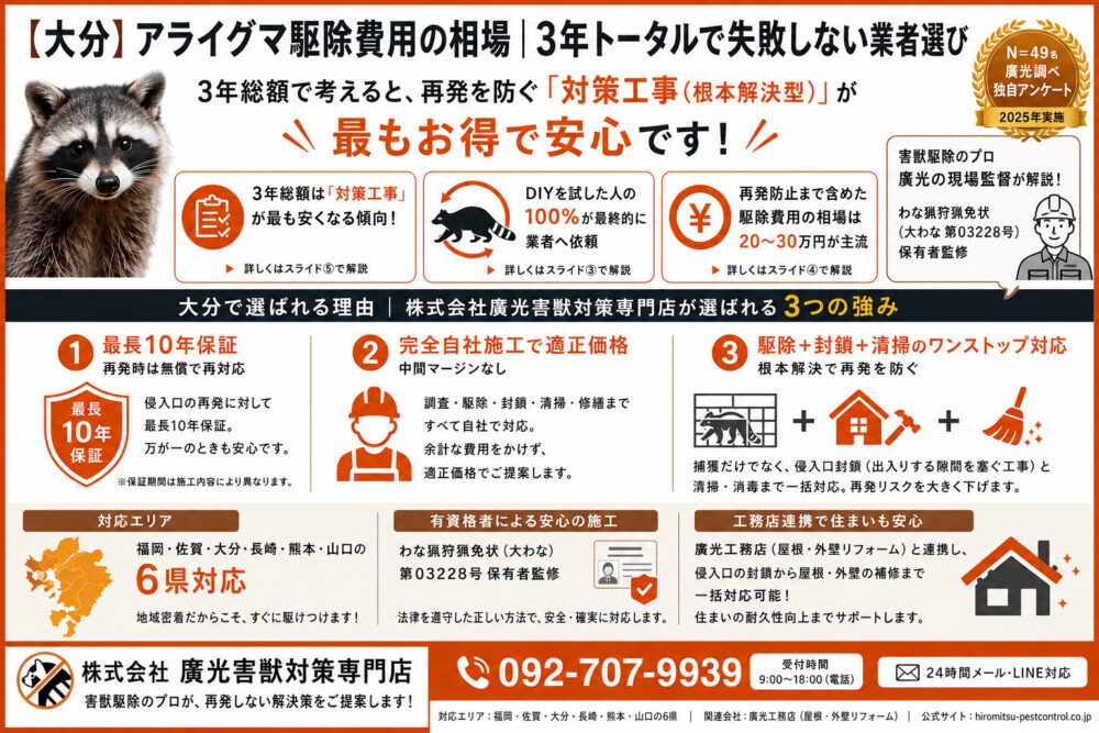 【大分】アライグマ駆除費用の相場｜3年トータルで失敗しない業者選び