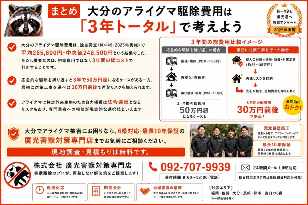 まとめ｜大分のアライグマ駆除費用は「3年トータル」で考えよう