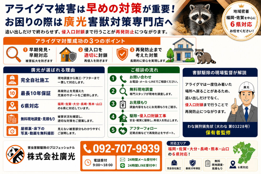 まとめ｜福岡・佐賀のアライグマ駆除は株式会社廣光害獣対策専門店へ