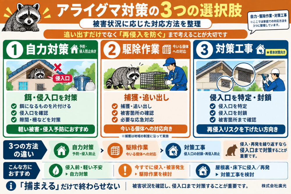 アライグマ対策の3つの選択肢|自力・駆除作業・対策工事