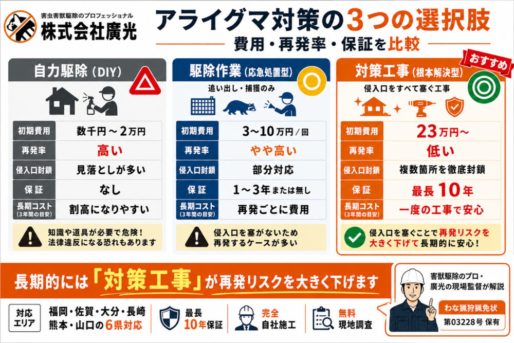 アライグマ対策の3つの選択肢｜費用・再発率・保証を比較