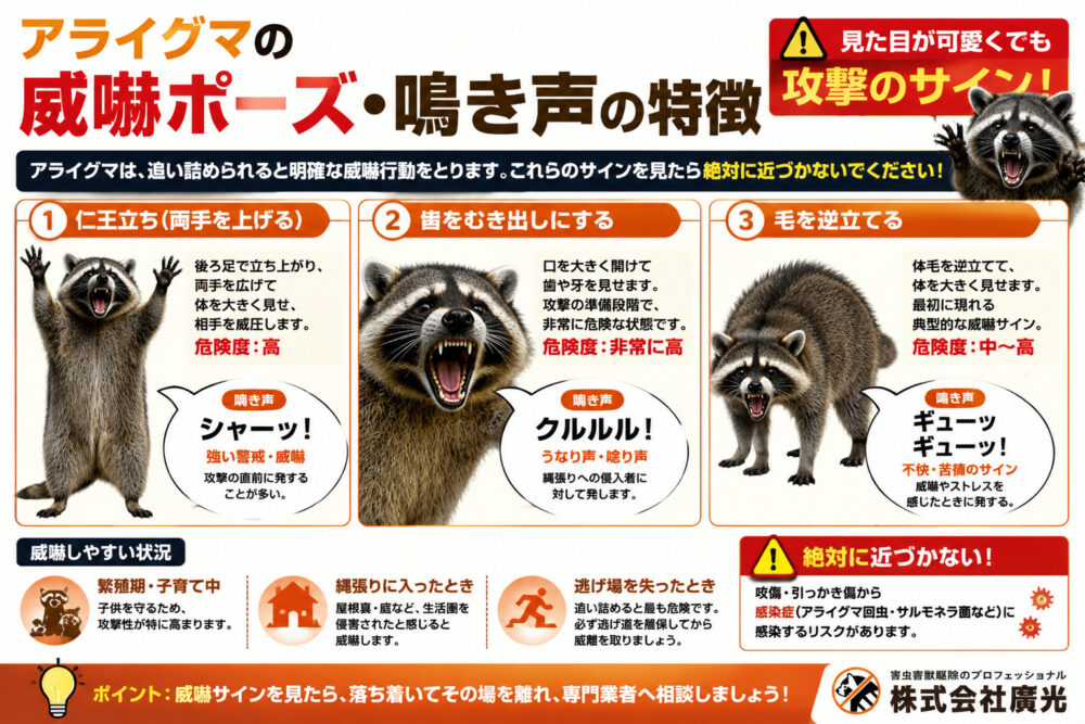 アライグマの威嚇ポーズ・鳴き声の特徴