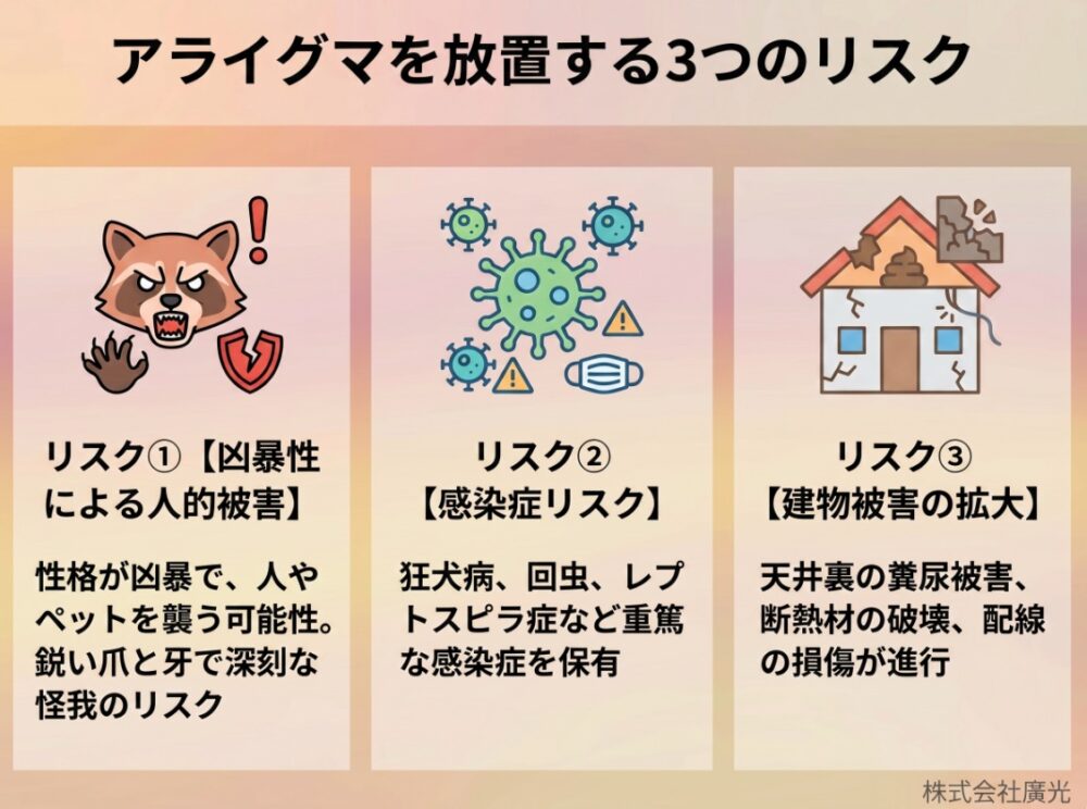 アライグマを放置する3つのリスク｜攻撃性・感染症・建物破壊