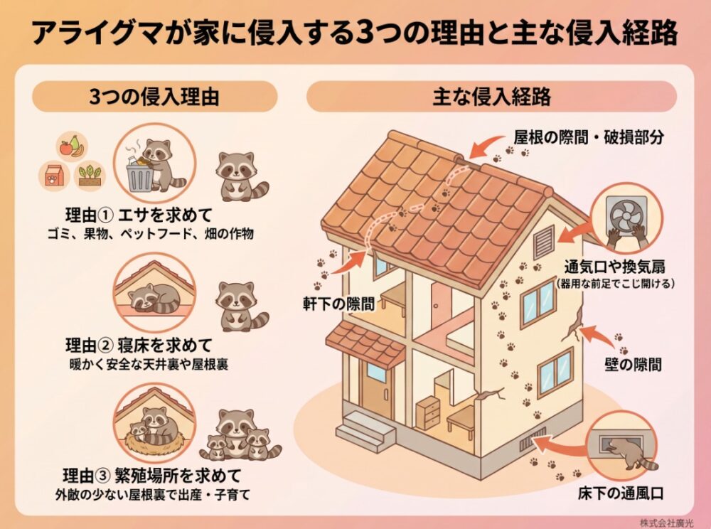アライグマが家に侵入する3つの理由と主な侵入経路