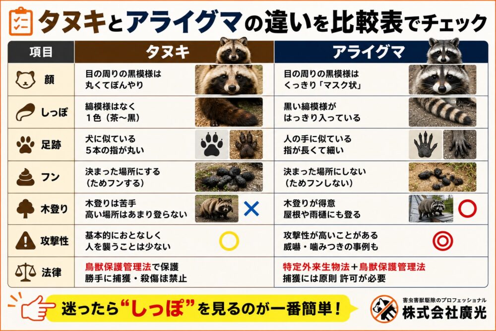 タヌキとアライグマの違いを比較表でチェック