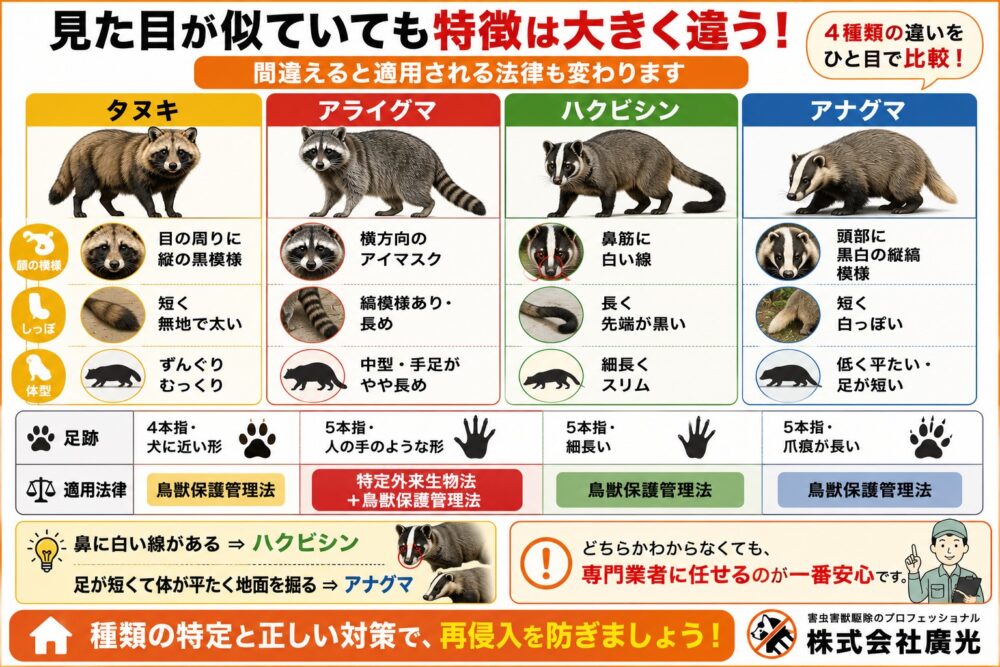 タヌキ・アライグマに似た動物｜ハクビシン・アナグマとの違い