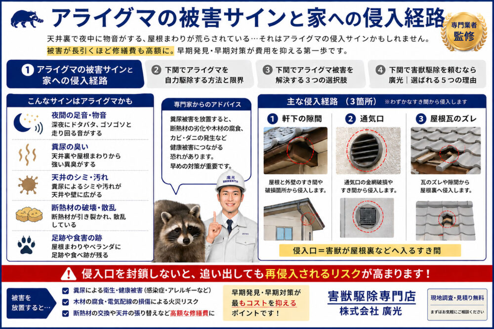 アライグマの被害サインと家への侵入経路