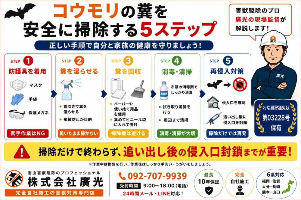 コウモリの糞を安全に掃除する5ステップ