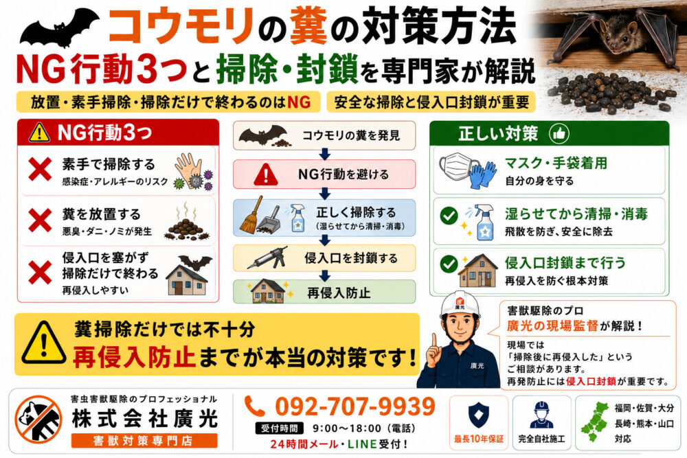 コウモリの糞の対策方法｜NG行動3つと掃除・封鎖を専門家が解説