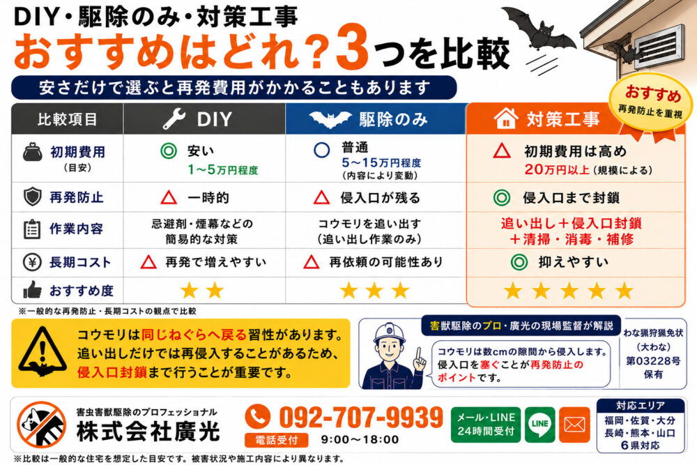 DIY・駆除のみ・対策工事の3択比較