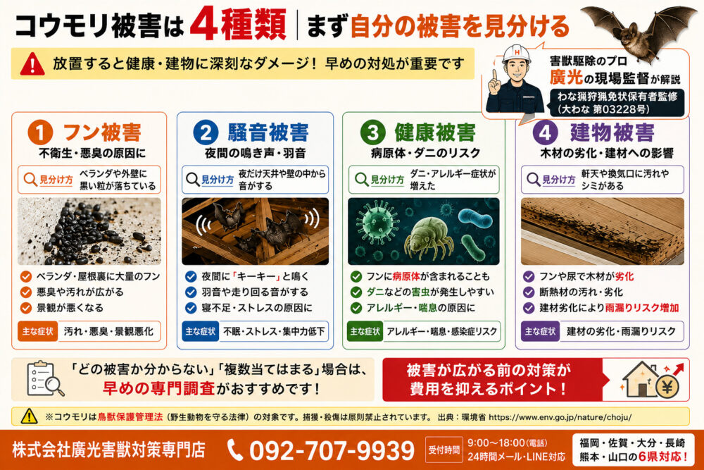 コウモリ被害は4種類｜まず自分の被害を見分ける