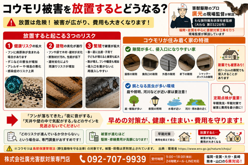 コウモリ被害を放置するとどうなる？住み着く家の特徴