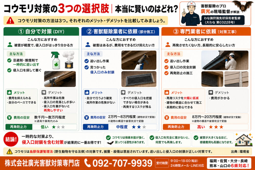 コウモリ対策の3つの選択肢｜本当に賢いのはどれ？