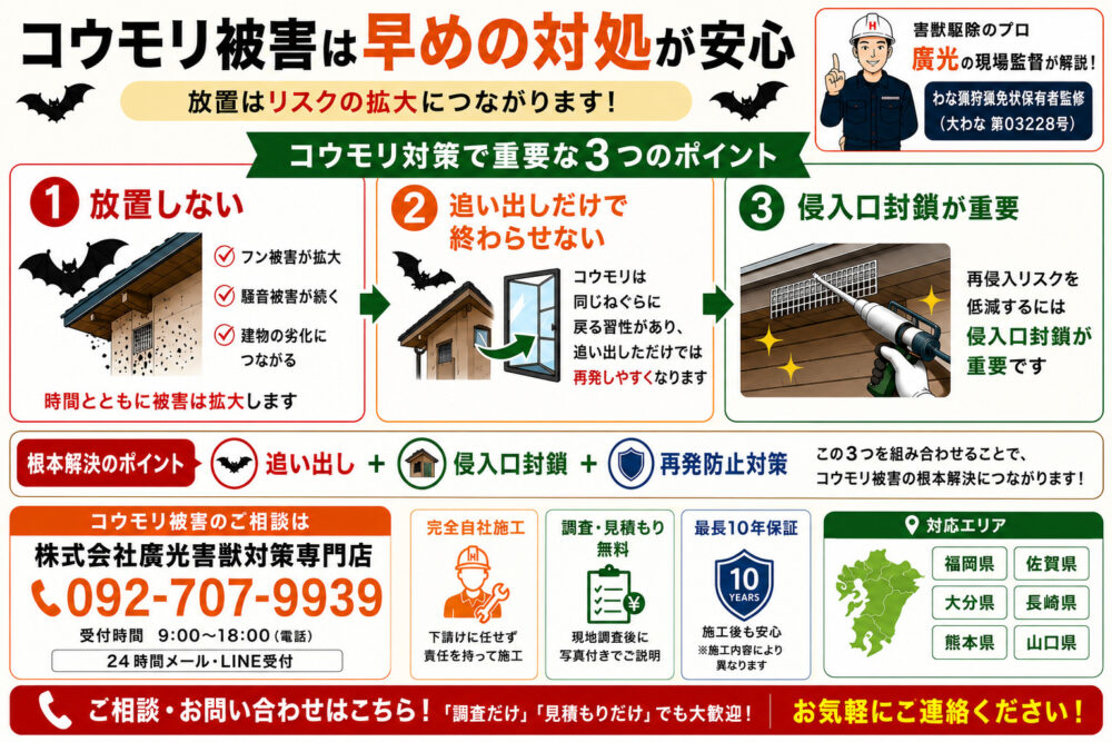 まとめ｜コウモリ被害は早めの対処と根本解決が安心