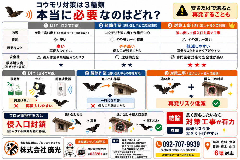 コウモリ対策の3つの選択肢|本当に必要なのはどれか