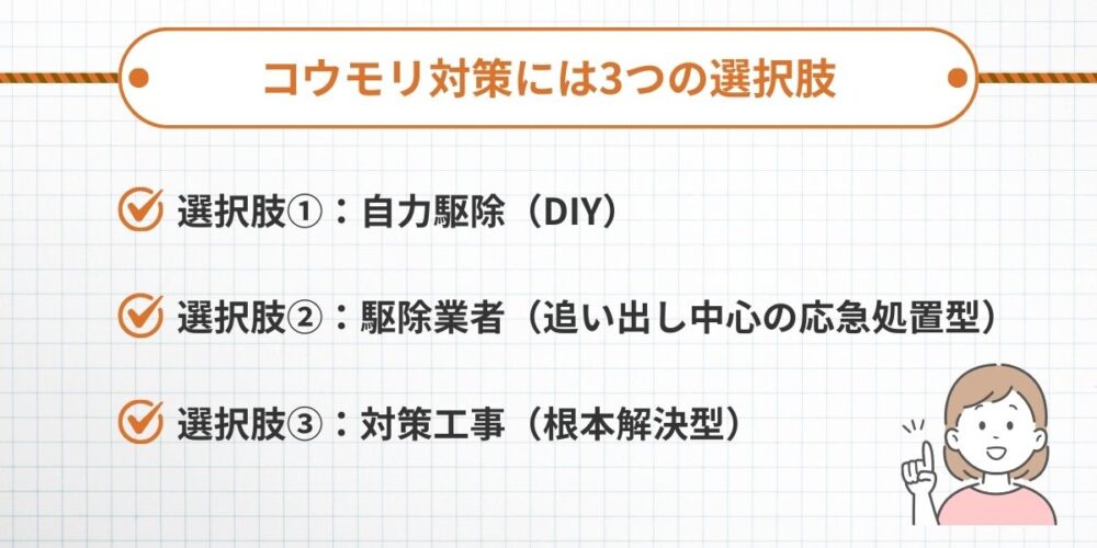 コウモリ対策に3つの選択肢