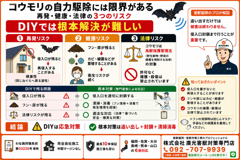 コウモリの自力駆除には限界がある｜再発・健康・法律のリスク