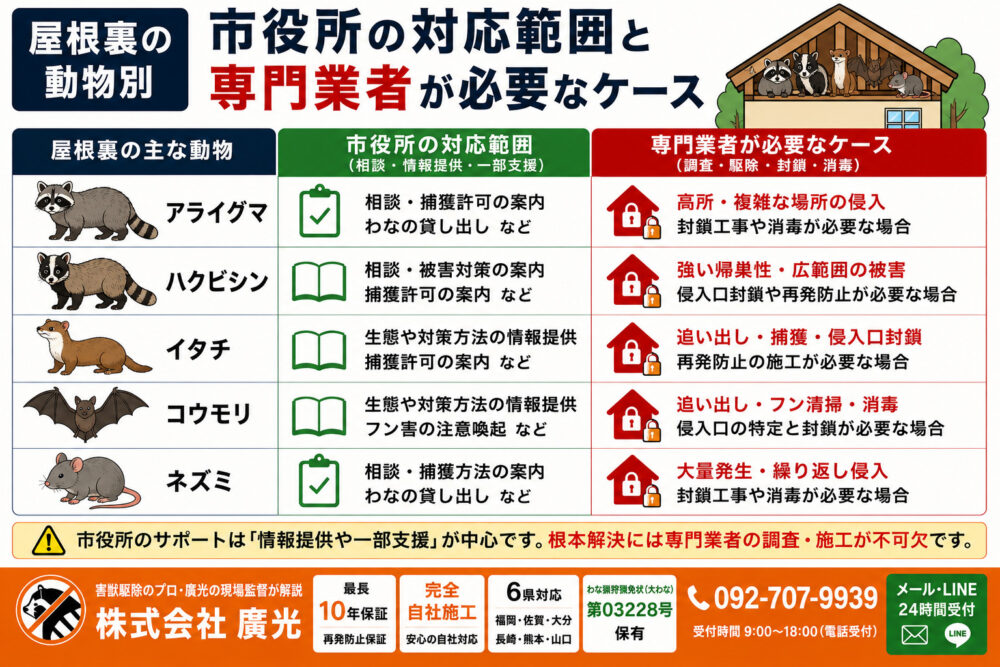 屋根裏の動物別|市役所の対応範囲と専門業者が必要なケース