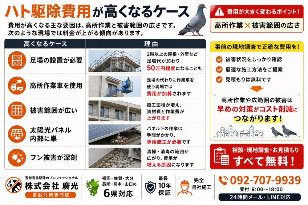 ハト駆除費用が高くなるケース