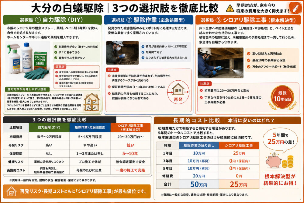 大分の白蟻駆除|3つの選択肢を徹底比較