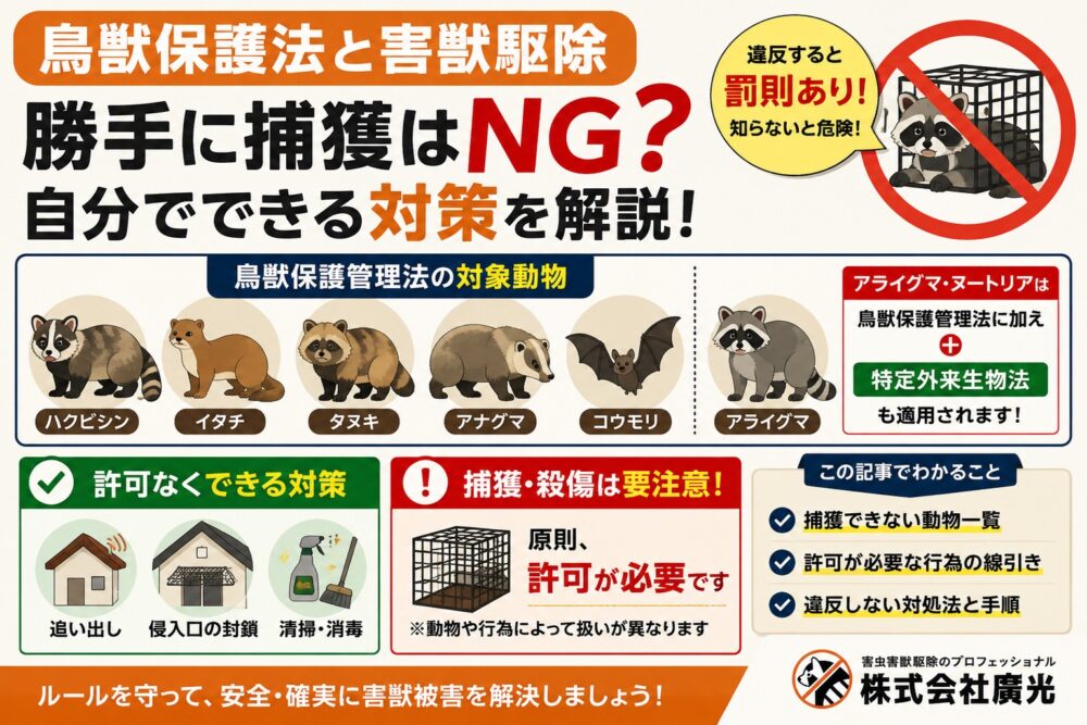 鳥獣保護法と害獣駆除｜自分で駆除できない動物一覧と違反しない対処法