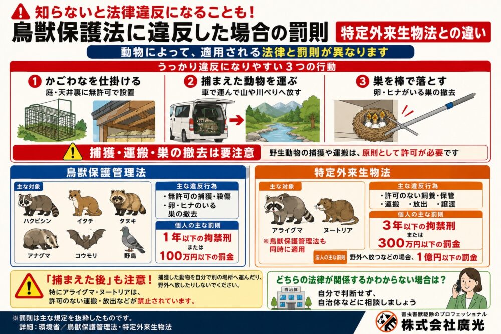 鳥獣保護法に違反した場合の罰則｜特定外来生物法との違い