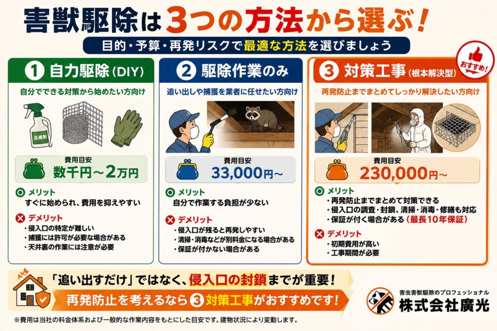 害獣駆除の3つの選択肢｜費用と再発リスクを比較