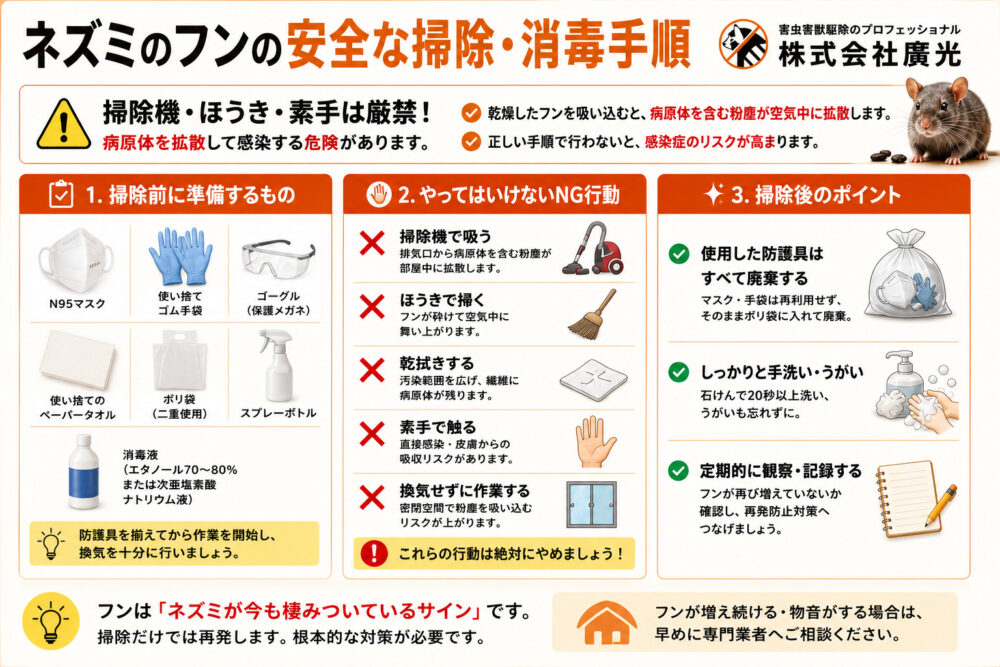 ネズミのフンの安全な掃除・消毒手順