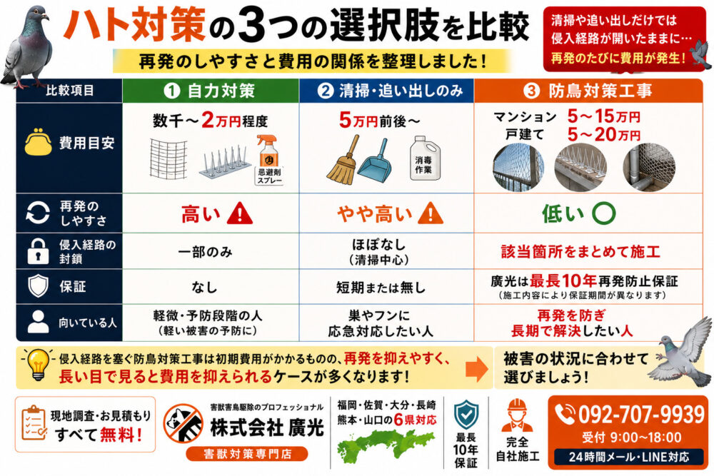 ハト対策の3つの選択肢を比較