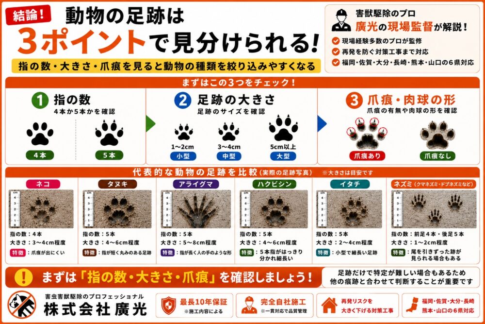 動物の足跡の見分け方｜指の数・大きさ・爪痕で害獣とネコを一覧判別