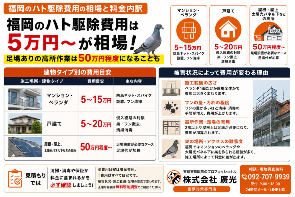 福岡のハト駆除費用の相場と料金内訳